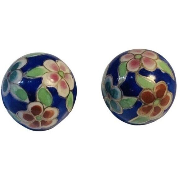 Womens Blue Cloisonné Enamel Flower Porcelain Button Vintage Clip On Earrings 1” - Picture 9 of 9
